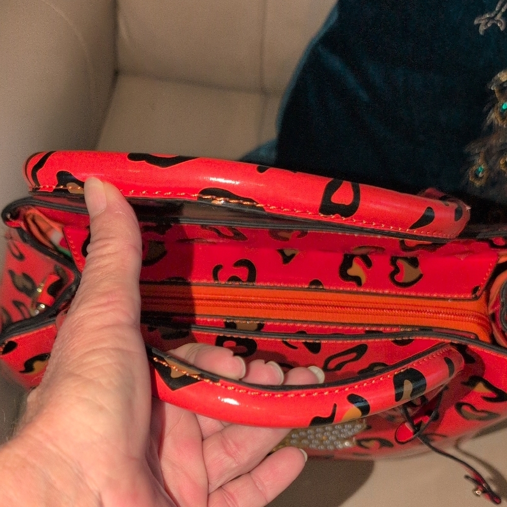 Orange Leopard Print Satchel with Bee Accent - Picture 5 of 15